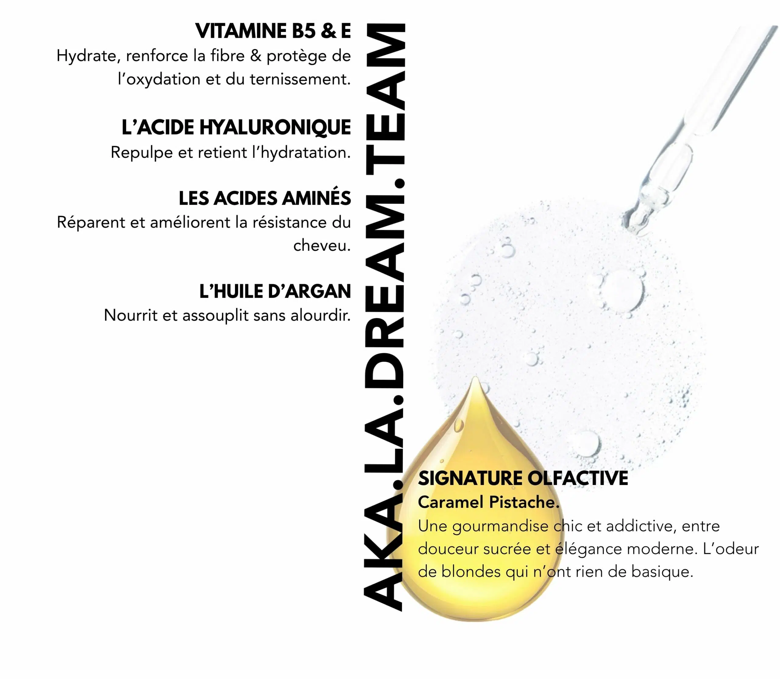 Actifs : Les vitamines B5 & E, L’acide hyaluronique, Les acides aminés, L’huile d’argan. Signature olfactive : Caramel & pistache.