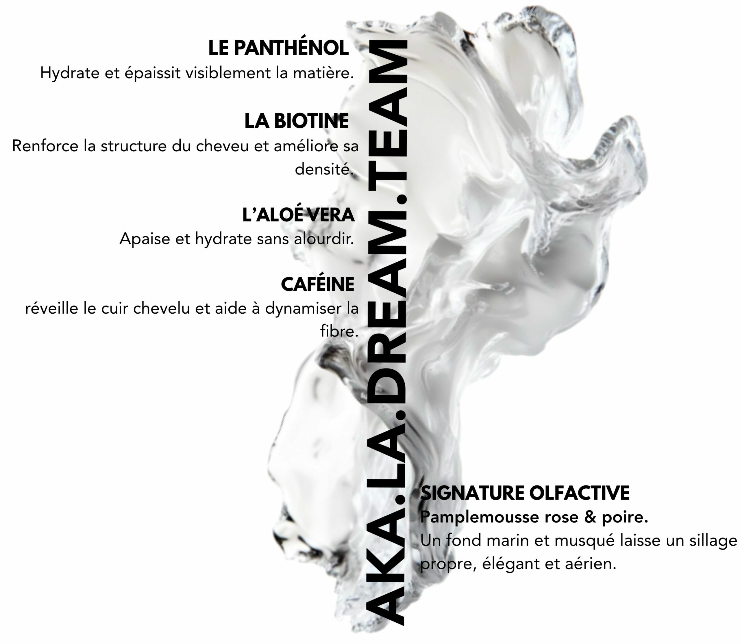 Actifs : Le panthénol, La biotine, L’aloe vera, La caféine. Signature olfactive : Pamplemousse rose & poire.