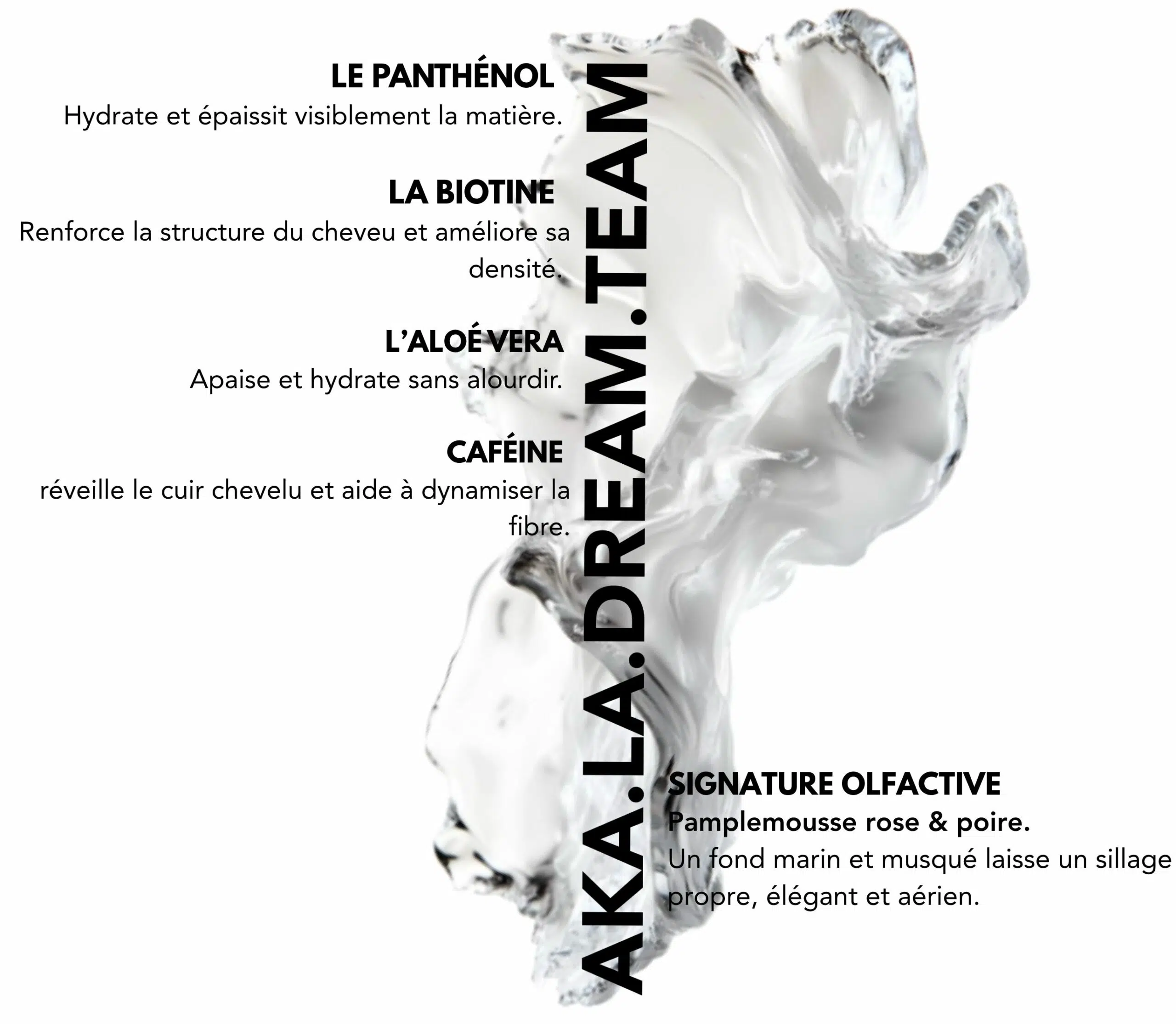 Actifs : Le panthénol, La biotine, L’aloe vera, La caféine. Signature olfactive : Pamplemousse rose & poire.